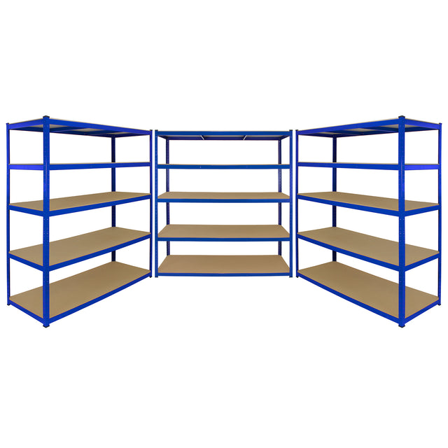 Breite, blaue Lagerregale mit stabilen Metallrahmen und robusten Holzregalen, ideal für die Organisation von Lagerflächen und Werkstätten