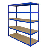 Lagerregal in Blau mit fünf stabilen Regalböden aus Holz, ideal für die Aufbewahrung von Werkzeugen und anderen Gegenständen in Werkstätten oder Lagerräumen