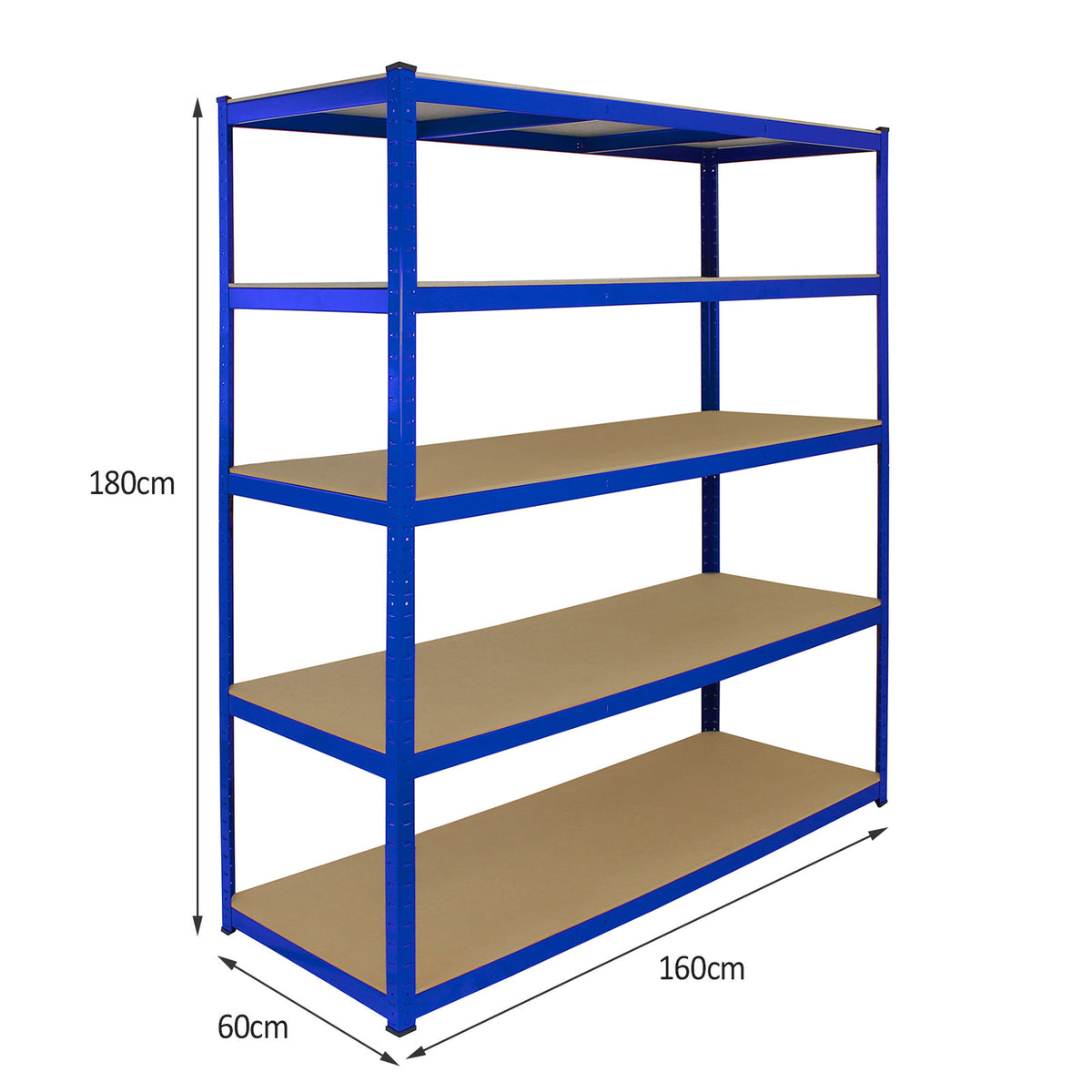 Blaues Lagerregal mit fünf stabilen Regalböden aus MDF, 180 cm hoch, 160 cm breit und 60 cm tief, ideal für die Aufbewahrung von Werkzeugen und Materialien