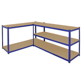 Blaues Lagerregal von Monster Racking T-Rax mit drei stabilen Regalböden aus Holz, ideal für Werkstätten und Lagerhäuser, robust und funktional