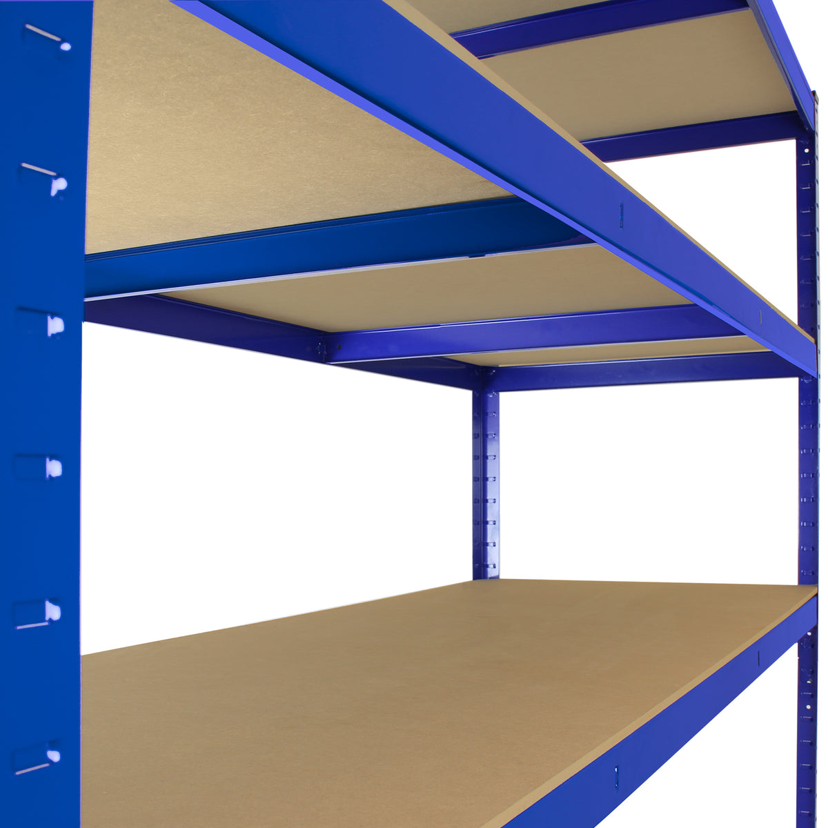 Blaues Lagerregal von Monster Racking mit drei stabilen Regalböden aus Holzfaserplatte, ideal für die Aufbewahrung von Werkzeugen und Materialien