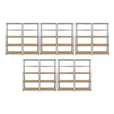 Sechs Galwix Lagerregale in Silber mit Holzregalböden, jeweils 90 cm breit, ideal für die Organisation von Lagerraum oder Werkstätten