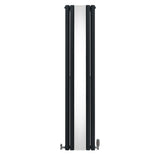 Ovaler Röhrenheizkörper in Anthrazitgrau mit integriertem Spiegel und Chrom-Thermostatventilen, schlankes Design, ideal für moderne Badezimmer