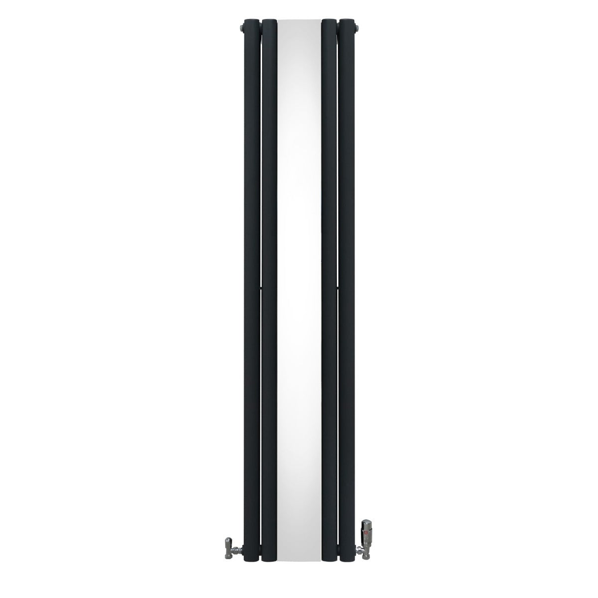 Ovaler Röhrenheizkörper in Anthrazitgrau mit integriertem Spiegel und Chrom-Thermostatventilen, 1800mm x 380mm, modern und elegant für jeden Raum