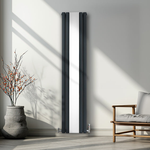 Ovaler Röhrenheizkörper in Anthrazitgrau mit integriertem Spiegel und Chrom-Thermostatventilen, elegant an einer Wand in einem modernen Raum montiert