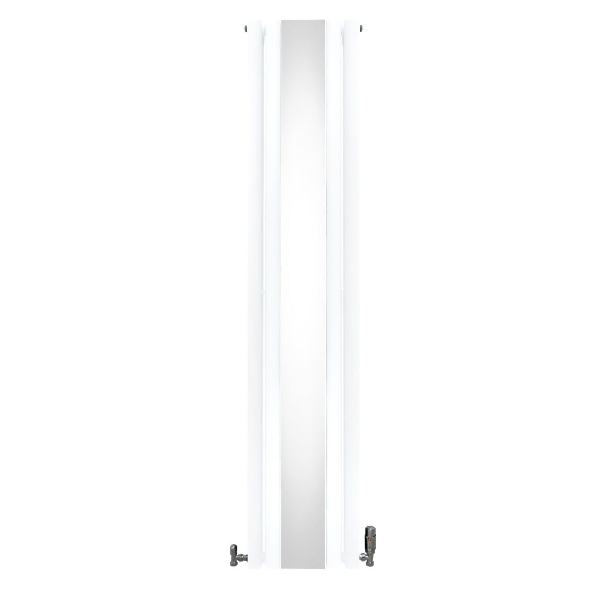 Ovaler Röhrenheizkörper in Weiß mit integriertem Spiegel und verchromten Thermostatventilen, 1800mm x 380mm, modern und elegant gestaltet