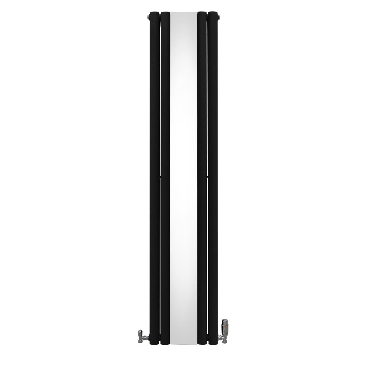 Schwarzer ovaler Röhrenheizkörper mit integriertem Spiegel und Chrom-Thermostatventilen, 1800mm x 380mm, modern und elegant gestaltet