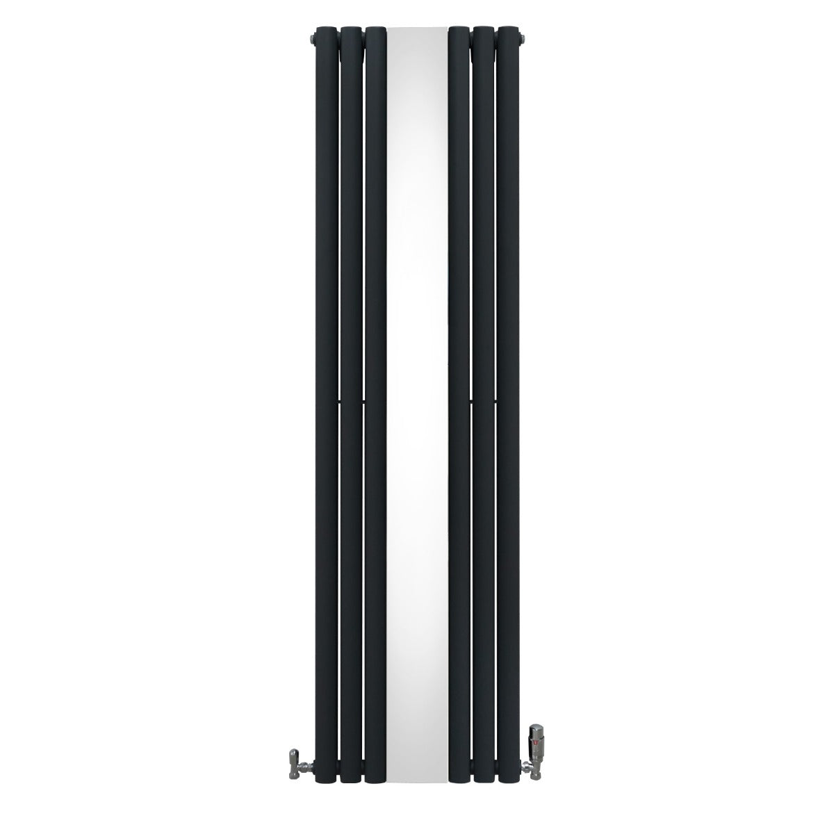 Ovaler Röhrenheizkörper in Anthrazitgrau mit integriertem Spiegel und Chrom-Thermostatventilen, 1800mm x 500mm, modern und elegant gestaltet