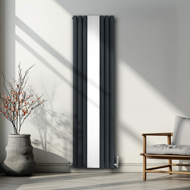 Ovaler Röhrenheizkörper in Anthrazitgrau mit integriertem Spiegel und Chrom-Thermostatventilen, elegant und modern, ideal für jedes Badezimmer