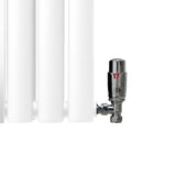 Ovaler Röhrenheizkörper in Weiß mit integriertem Spiegel und glänzenden Chrom-Thermostatventilen, ideal für moderne Badezimmergestaltung