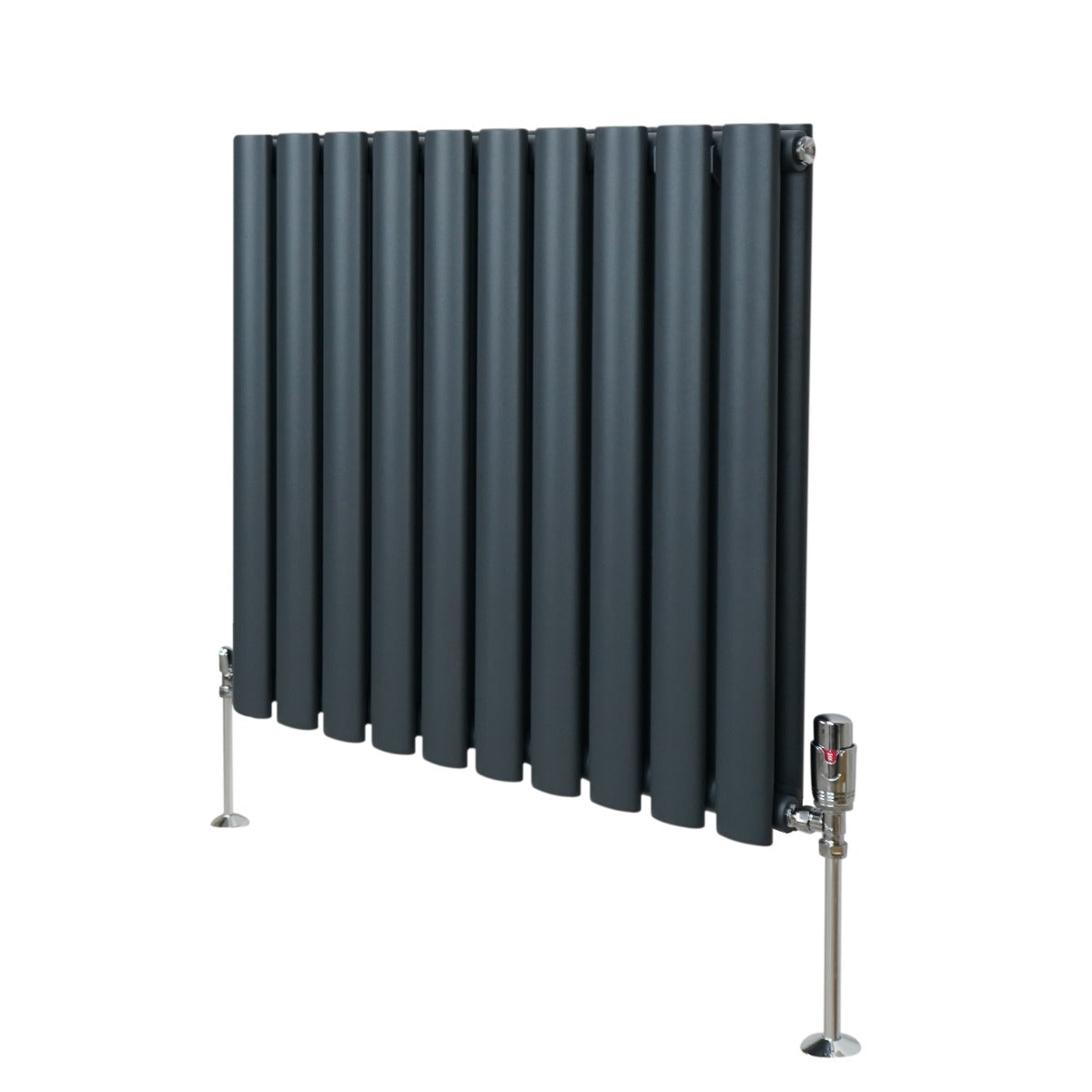 Ovaler Röhrenheizkörper in Anthrazitgrau mit Chrom-Thermostatventilen, 600mm x 600mm, modernes Design, glatte Oberfläche und elegante Linienführung