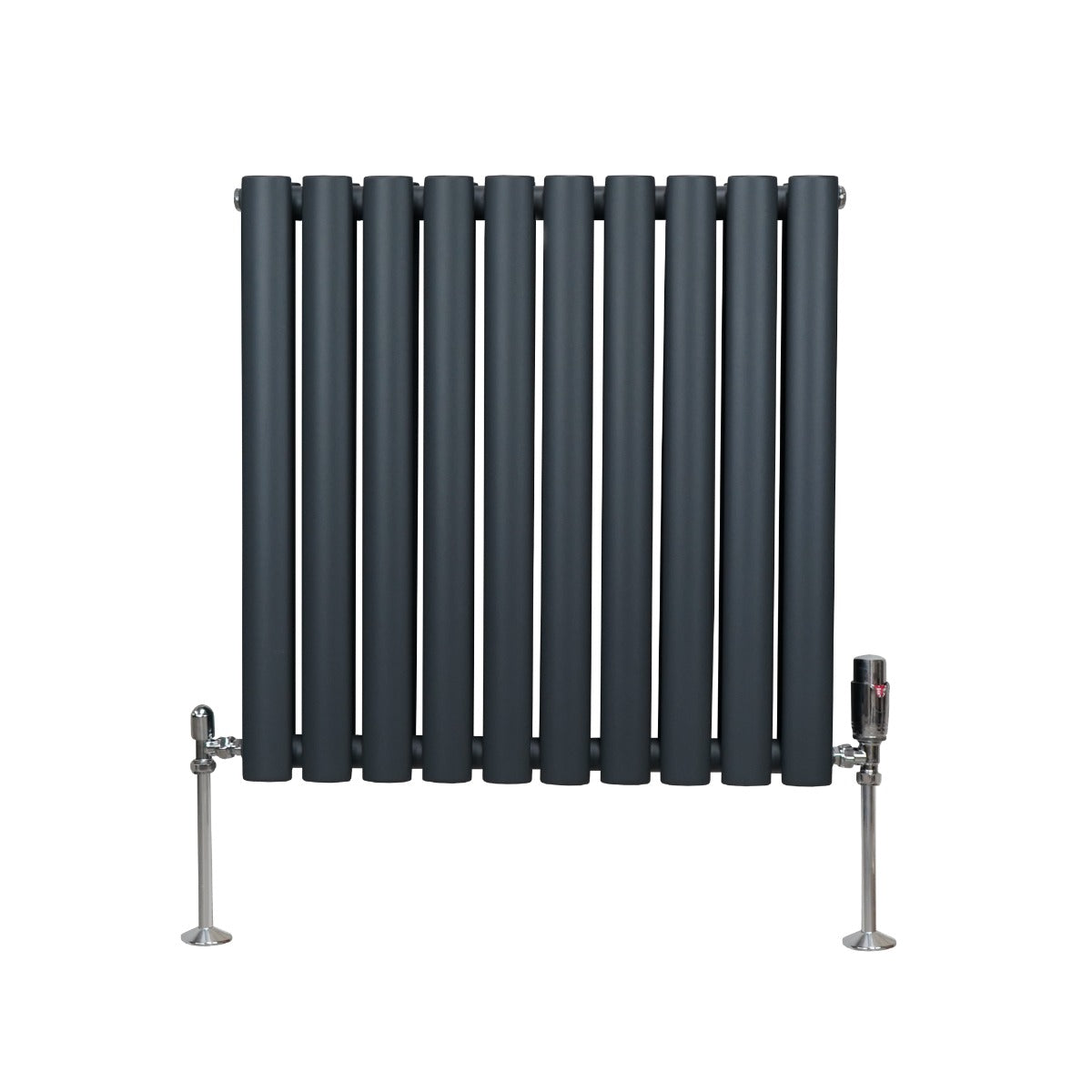 Ovaler Röhrenheizkörper in Anthrazitgrau mit Chrom-Thermostatventilen, 600mm x 600mm, bietet modernes Design und effiziente Wärmeverteilung