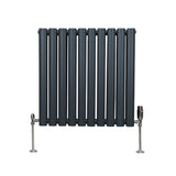 Ovaler Röhrenheizkörper in Anthrazitgrau mit Chrom-Thermostatventilen, 600mm x 600mm, bietet modernes Design und effiziente Wärmeverteilung