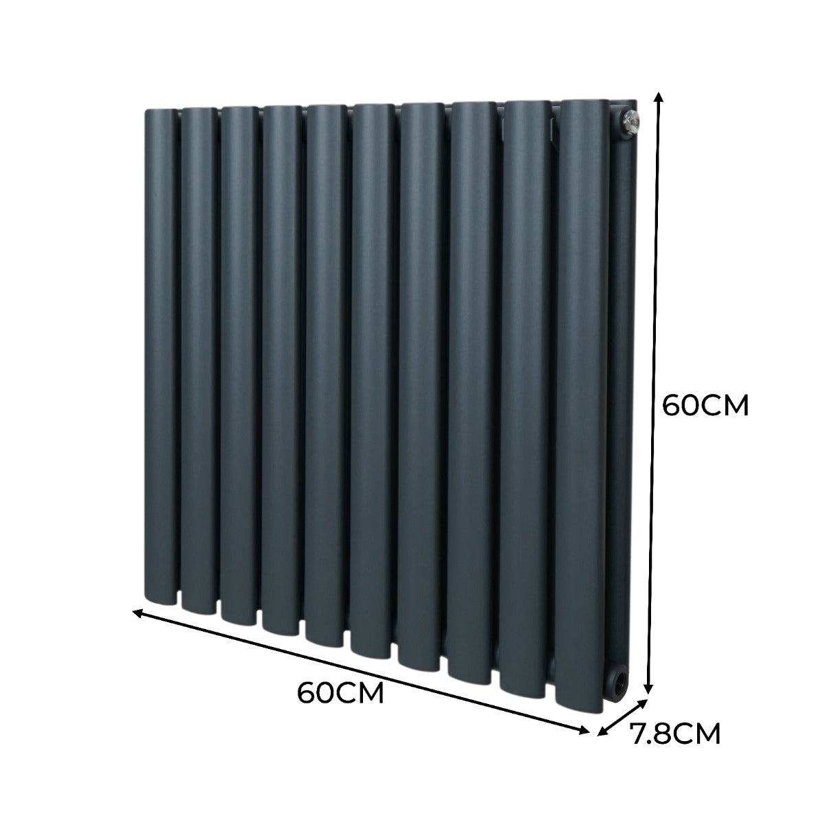 Ovaler Röhrenheizkörper in Anthrazitgrau, 600mm x 600mm, mit glatter Oberfläche und modernen Chrom-Thermostatventilen, ideal für stilvolle Heizlösungen
