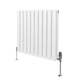 Ovaler Röhrenheizkörper in Weiß mit Chrom-Thermostatventilen, 600mm x 600mm, glänzende Oberfläche und moderne, schlanke Form für effiziente Wärmeabgabe