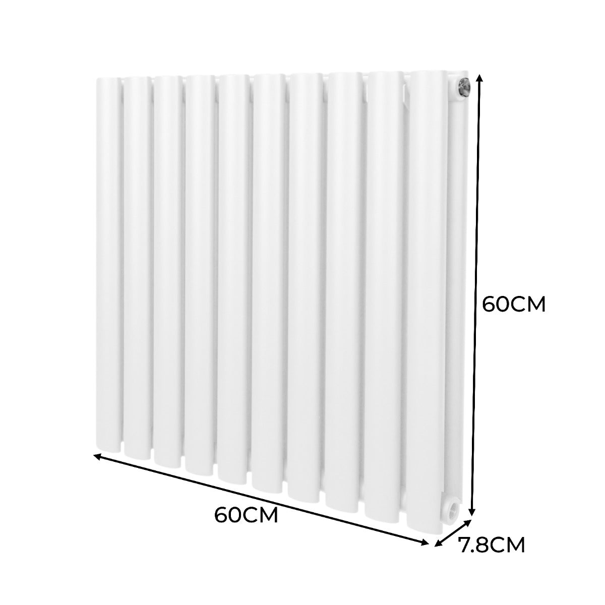 Ovaler Röhrenheizkörper in Weiß, 600mm x 600mm, mit vertikalen Lamellen und glatter Oberfläche, ideal für moderne Heizlösungen