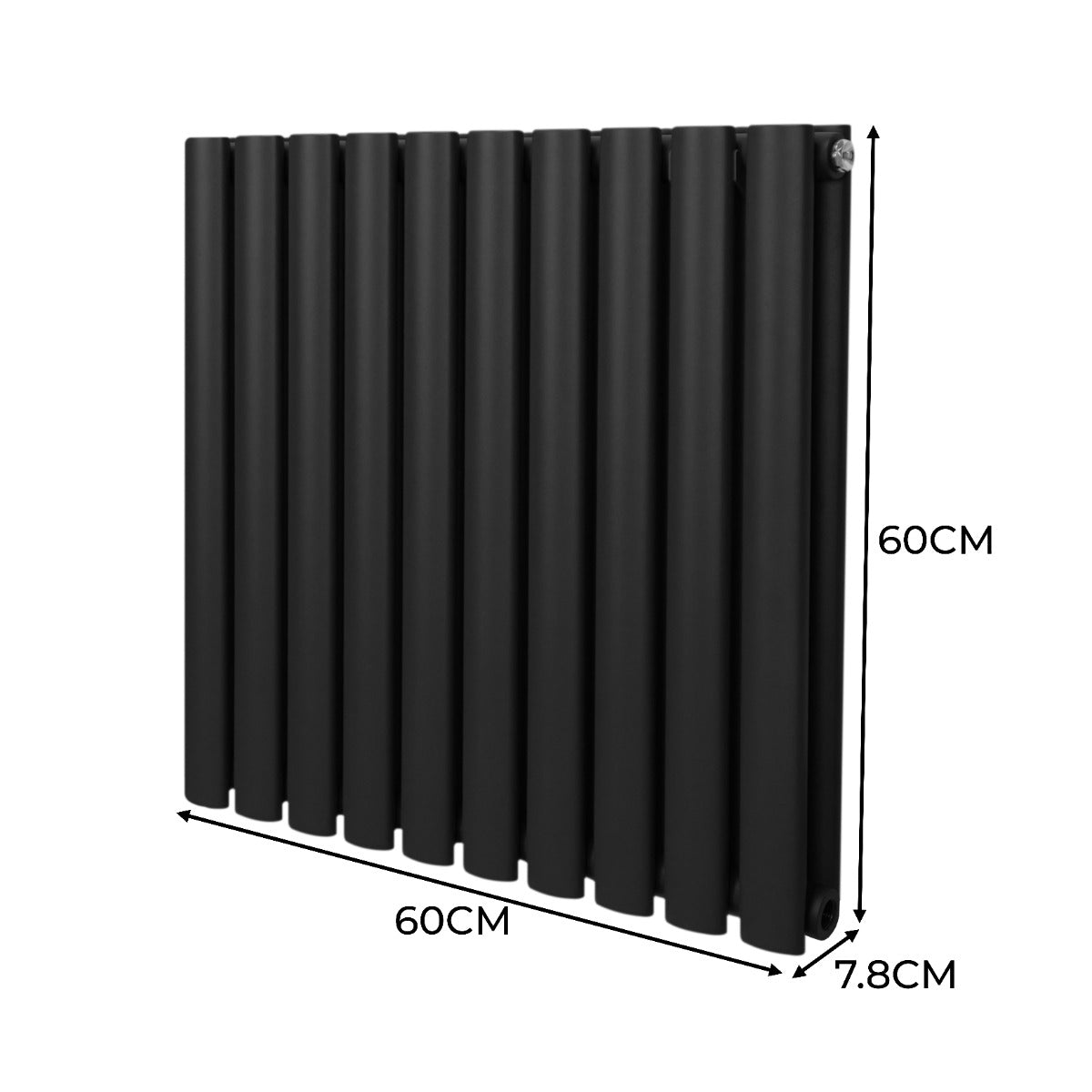 Schwarzer ovaler Röhrenheizkörper mit Chrom-Thermostatventilen, 600mm x 600mm, schlankes Design, glatte Oberfläche und moderne Ästhetik