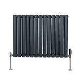 Ovaler Röhrenheizkörper in Anthrazitgrau mit Chrom-Thermostatventilen, 600mm x 780mm, aus robustem Metall, mit glatter, mattschwarzer Oberfläche