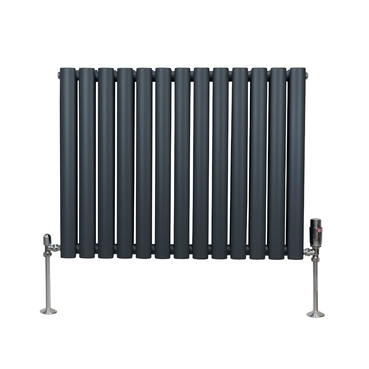 Ovaler Röhrenheizkörper in Anthrazitgrau mit Chrom-Thermostatventilen, 600mm x 780mm, besteht aus mehreren vertikalen Röhren und glänzenden Füßen