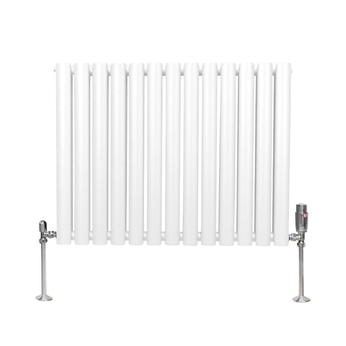 Ovaler Röhrenheizkörper in Weiß mit Chrom-Thermostatventilen, 600mm x 780mm, bietet modernes Design und effiziente Wärmeverteilung