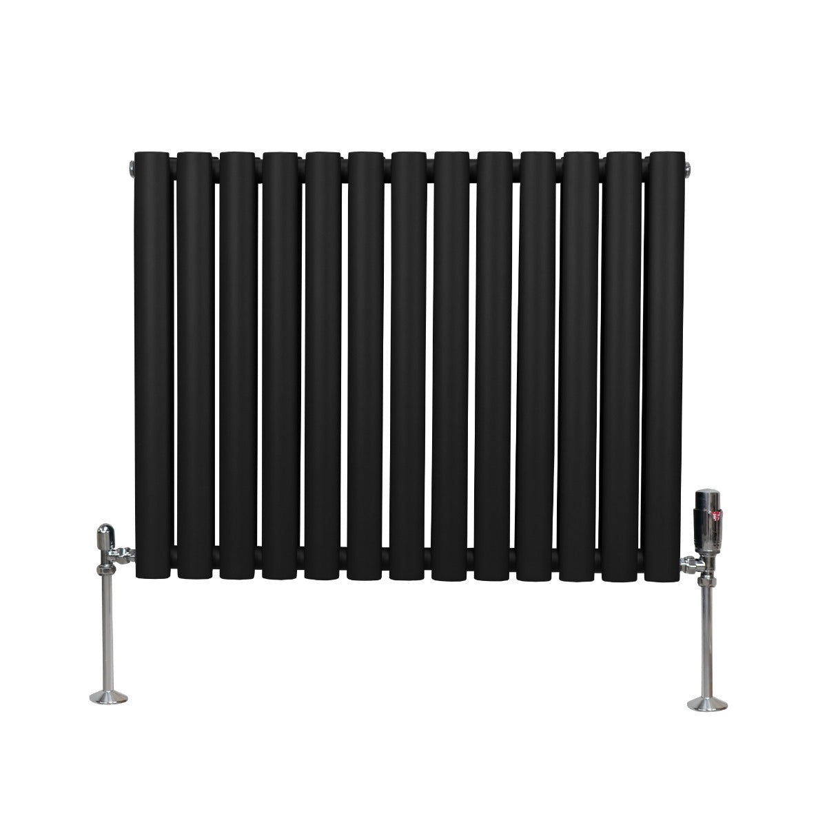 Schwarzer ovaler Röhrenheizkörper mit glänzenden Chrom-Thermostatventilen, 600mm x 780mm, modernes Design, vertikale Röhrenstruktur, eleganter Look