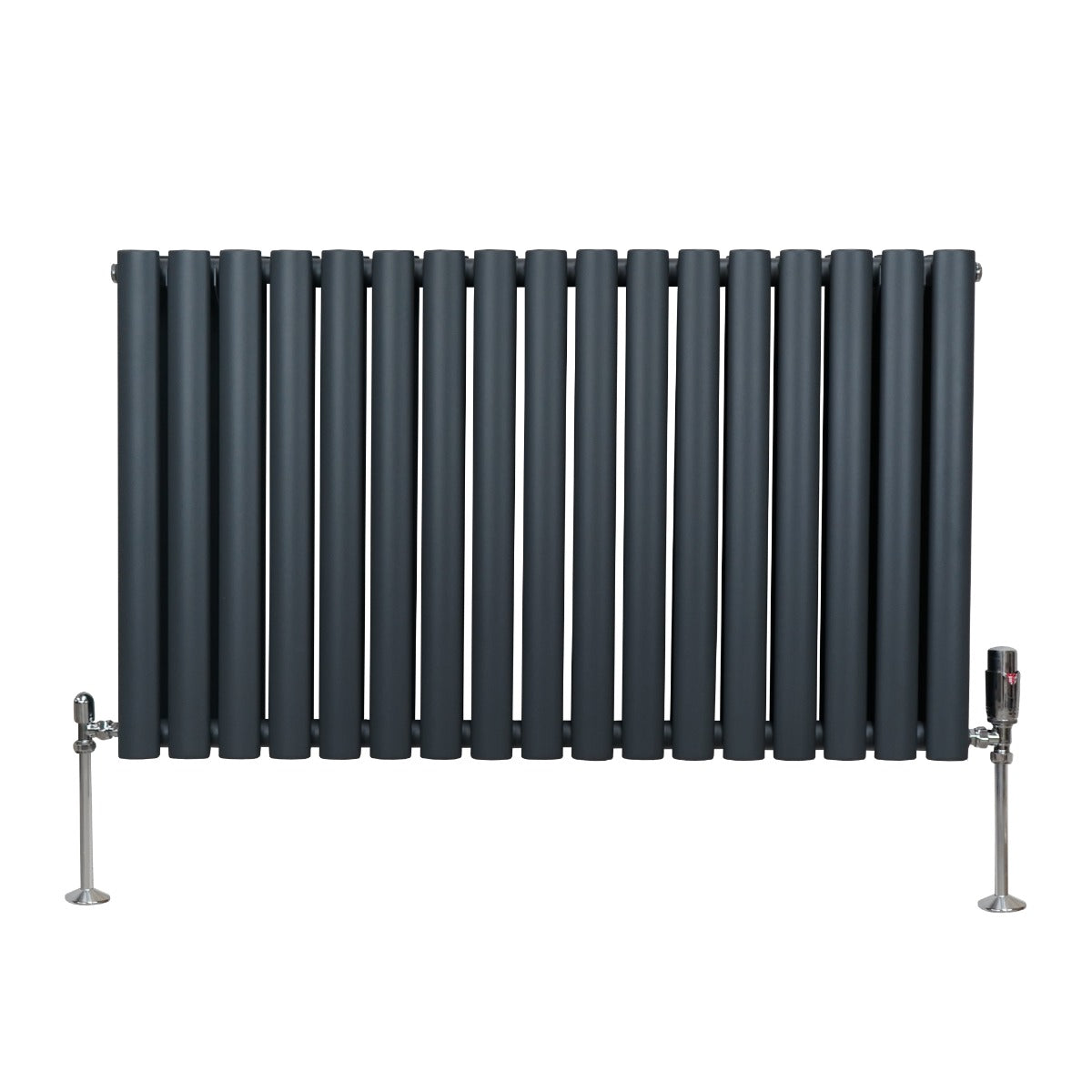 Ovaler Röhrenheizkörper in Anthrazitgrau mit Chrom-Thermostatventilen, 600mm x 1020mm, bietet modernes Design und effiziente Wärmeverteilung