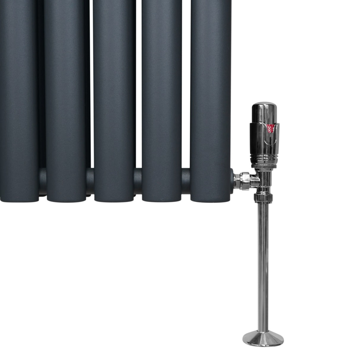 Ovaler Röhrenheizkörper in Anthrazitgrau mit Chrom-Thermostatventil, 600mm x 1020mm, zeigt glatte, runde Röhren und glänzende Metalloberfläche