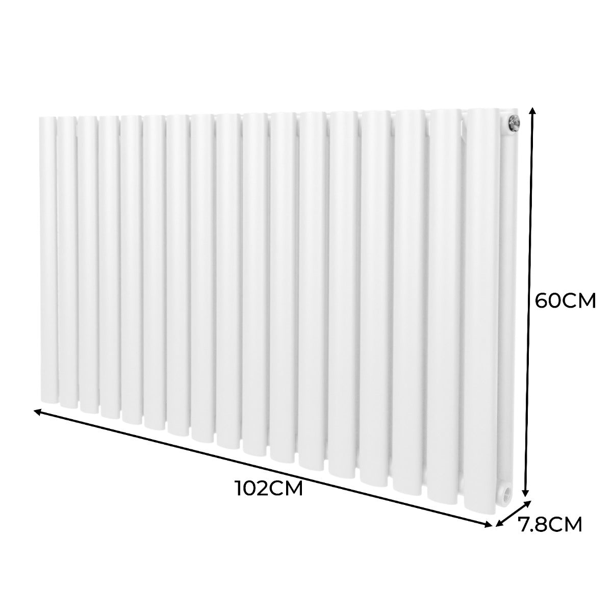 Ovaler Röhrenheizkörper in Weiß mit Chrom-Thermostatventilen, Maße 600mm x 1020mm, vertikale Lamellenstruktur und glatte Oberfläche