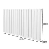 Ovaler Röhrenheizkörper in Weiß mit Chrom-Thermostatventilen, Maße 600mm x 1020mm, vertikale Lamellenstruktur und glatte Oberfläche