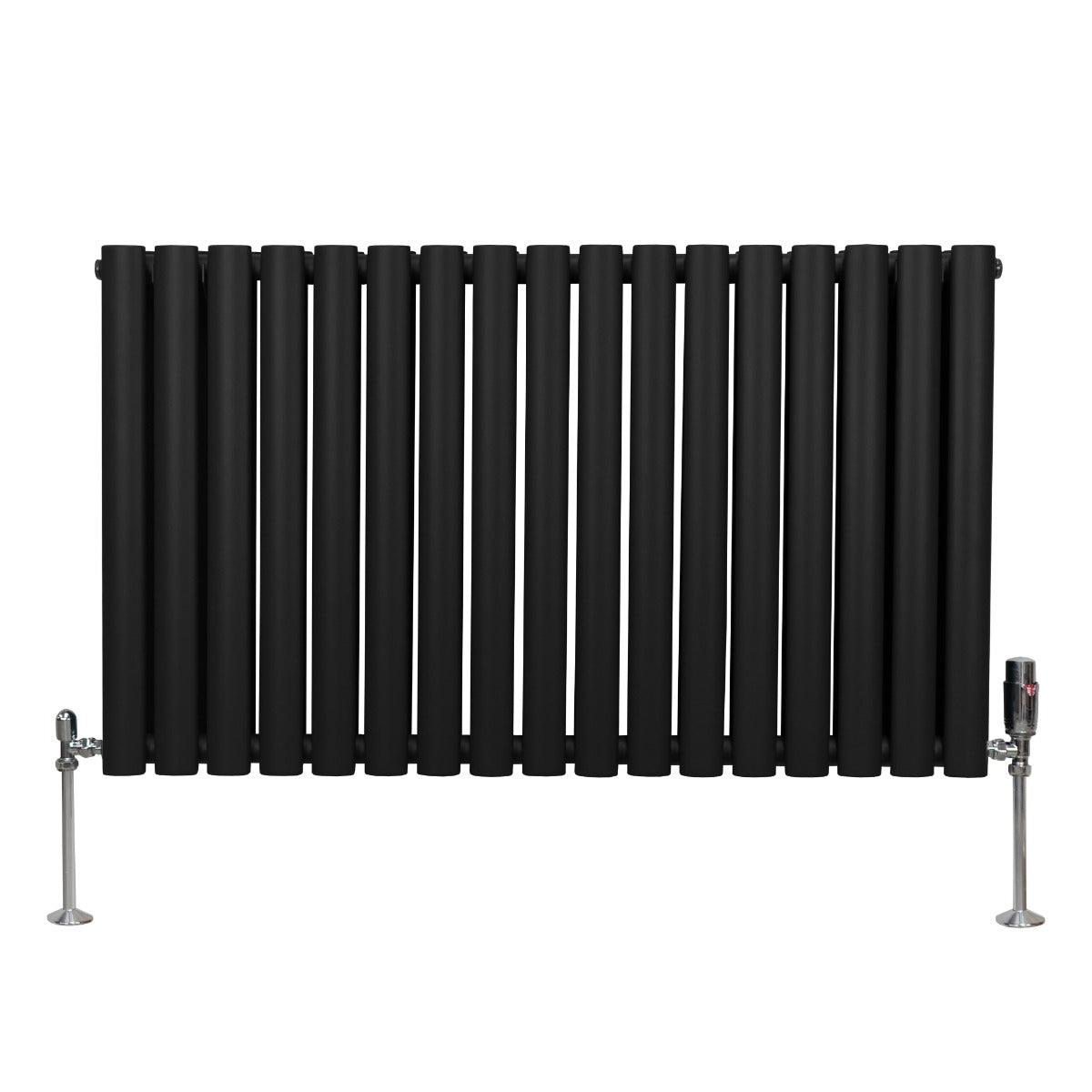 Schwarzer ovaler Röhrenheizkörper mit Chrom-Thermostatventilen, 600mm x 1020mm, aus robustem Material, mit glatter, mattschwarzer Oberfläche und eleganten Linien