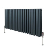 Ovaler Röhrenheizkörper in Anthrazitgrau, 600mm x 1200mm, mit glänzenden Chrom-Thermostatventilen und glatter, moderner Oberfläche