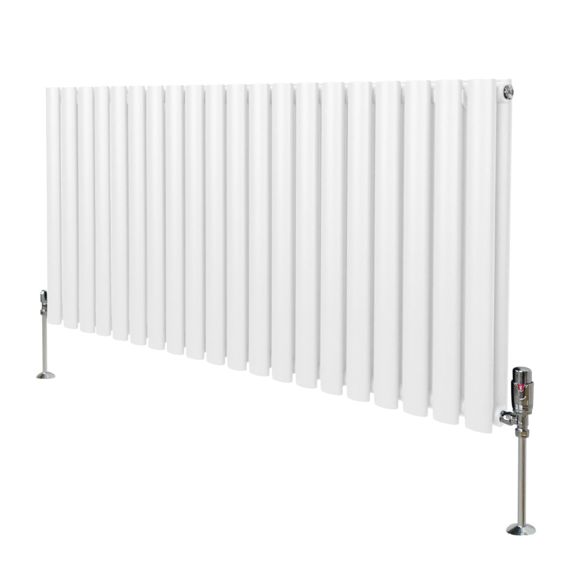 Ovaler Röhrenheizkörper in Weiß mit Chrom-Thermostatventilen, 600mm x 1200mm, vertikale Lamellenstruktur und glänzende Oberflächen für modernen Stil