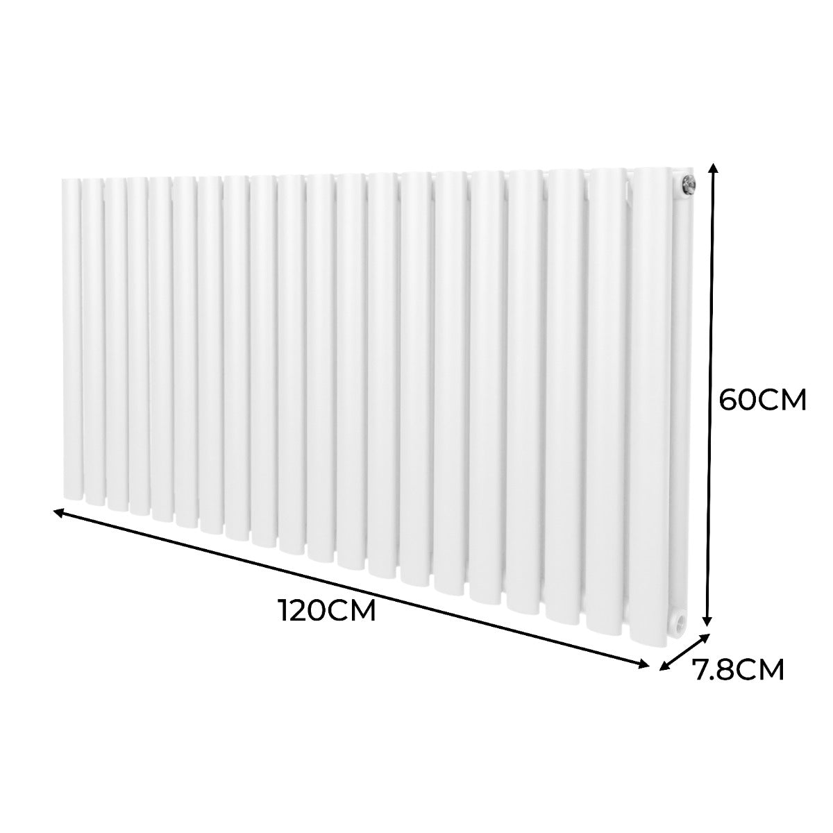 Ovaler Röhrenheizkörper in Weiß mit Chrom-Thermostatventilen, Maße 600mm x 1200mm, vertikale Lamellenstruktur und glatte Oberfläche