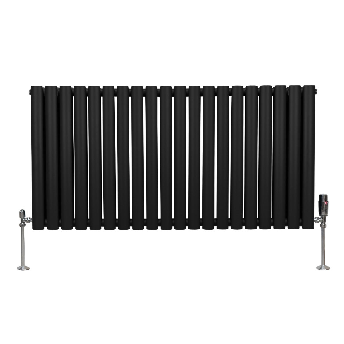 Schwarzer ovaler Röhrenheizkörper mit Chrom-Thermostatventilen, 600mm x 1200mm, modernes Design mit glatten, vertikalen Röhren und glänzenden Ventilen