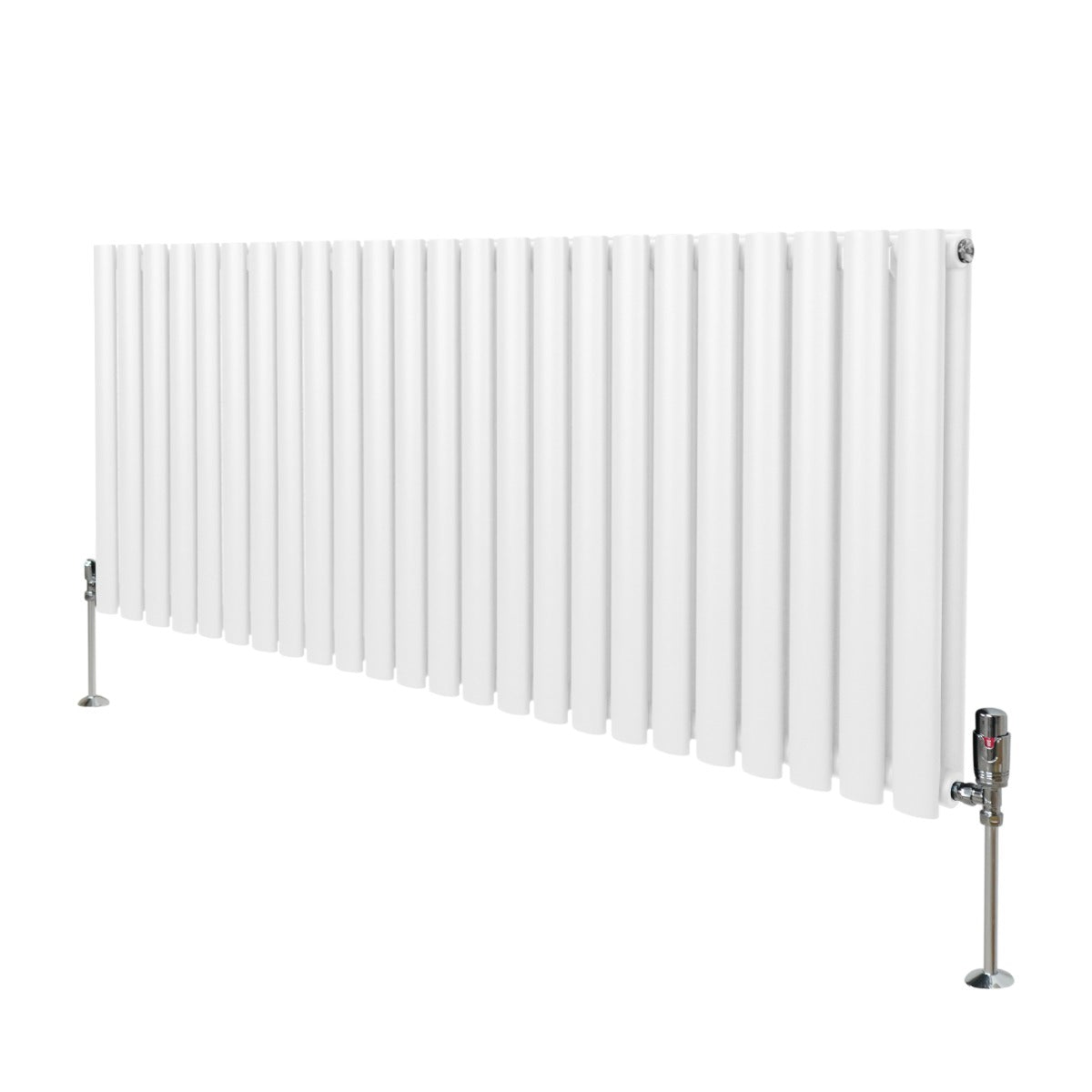 Ovaler Röhrenheizkörper in Weiß mit Chrom-Thermostatventilen, 600mm x 1440mm, elegant und modern, ideal für jeden Raum, glatte Oberfläche und klare Linien