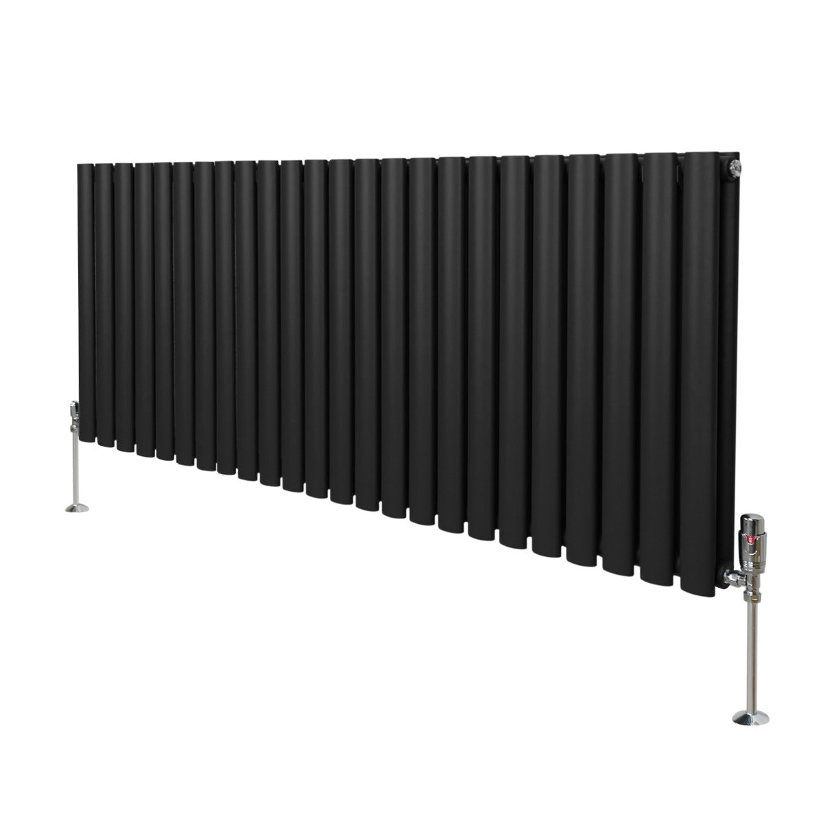 Schwarzer ovaler Röhrenheizkörper mit Chrom-Thermostatventilen, 600mm x 1440mm, modernes Design, glatte Oberfläche und elegante Linienführung