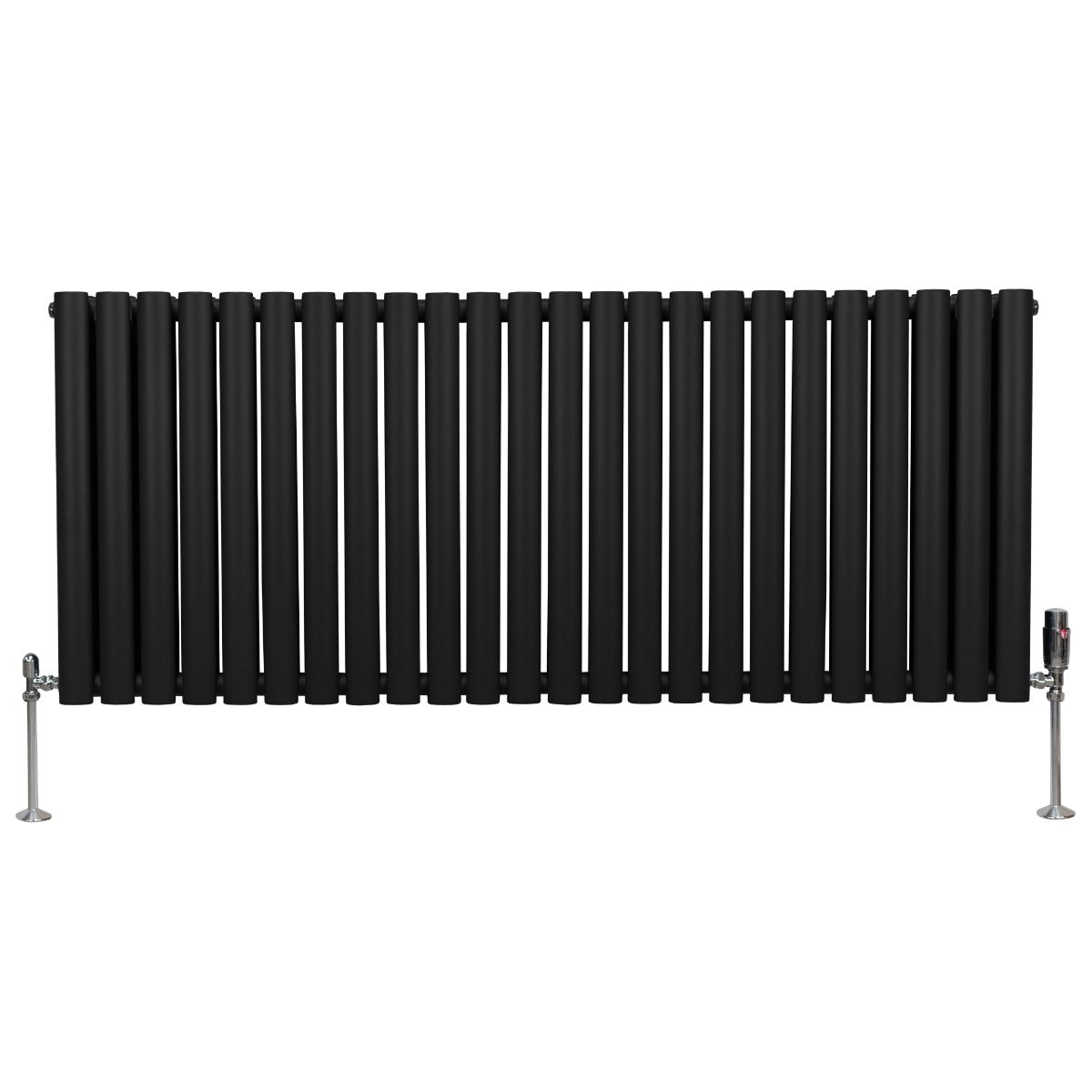 Schwarzer ovaler Röhrenheizkörper mit Chrom-Thermostatventilen, 600mm x 1440mm, vertikale Röhrenstruktur, moderne und elegante Heizlösung für jeden Raum