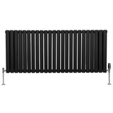 Schwarzer ovaler Röhrenheizkörper mit Chrom-Thermostatventilen, 600mm x 1440mm, glänzende Oberfläche und moderne, schlanke Form für stilvolle Heizlösungen