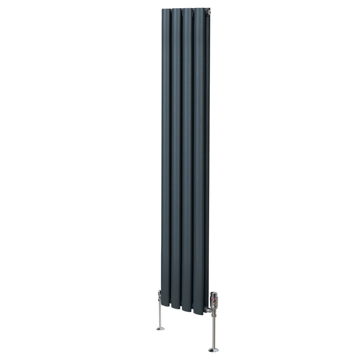 Ovaler Röhrenheizkörper in Anthrazitgrau, 1600mm x 240mm, mit glänzenden Chrom-Thermostatventilen und vertikaler, gestreifter Struktur
