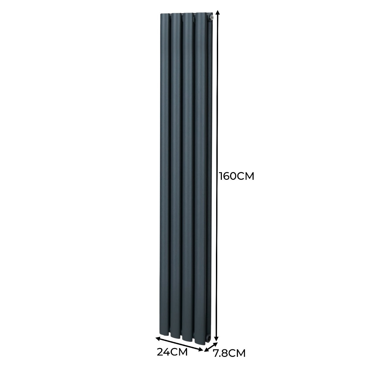 Ovaler Röhrenheizkörper in Anthrazitgrau, 1600mm x 240mm, mit glatter Oberfläche und eleganten Chrom-Thermostatventilen, ideal für moderne Räume