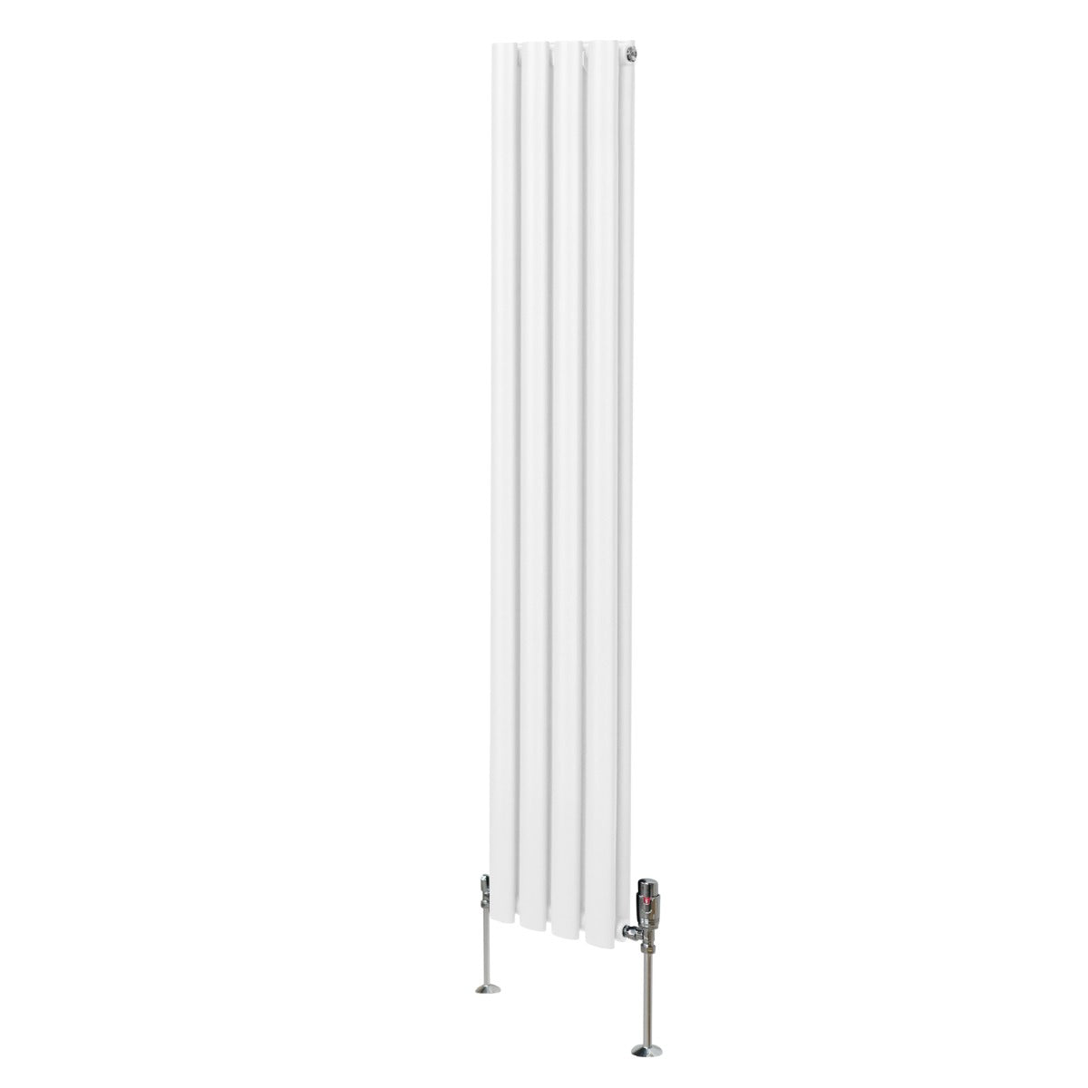 Ovaler weißer Röhrenheizkörper mit Chrom-Thermostatventilen, schlankes Design, 1600mm x 240mm, ideal für moderne Innenräume