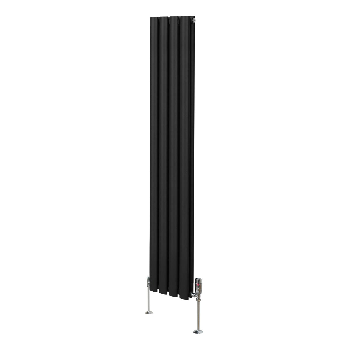 Schwarzer ovaler Röhrenheizkörper mit Chrom-Thermostatventilen, 1600mm x 240mm, vertikale Lamellenstruktur und elegantes modernes Design
