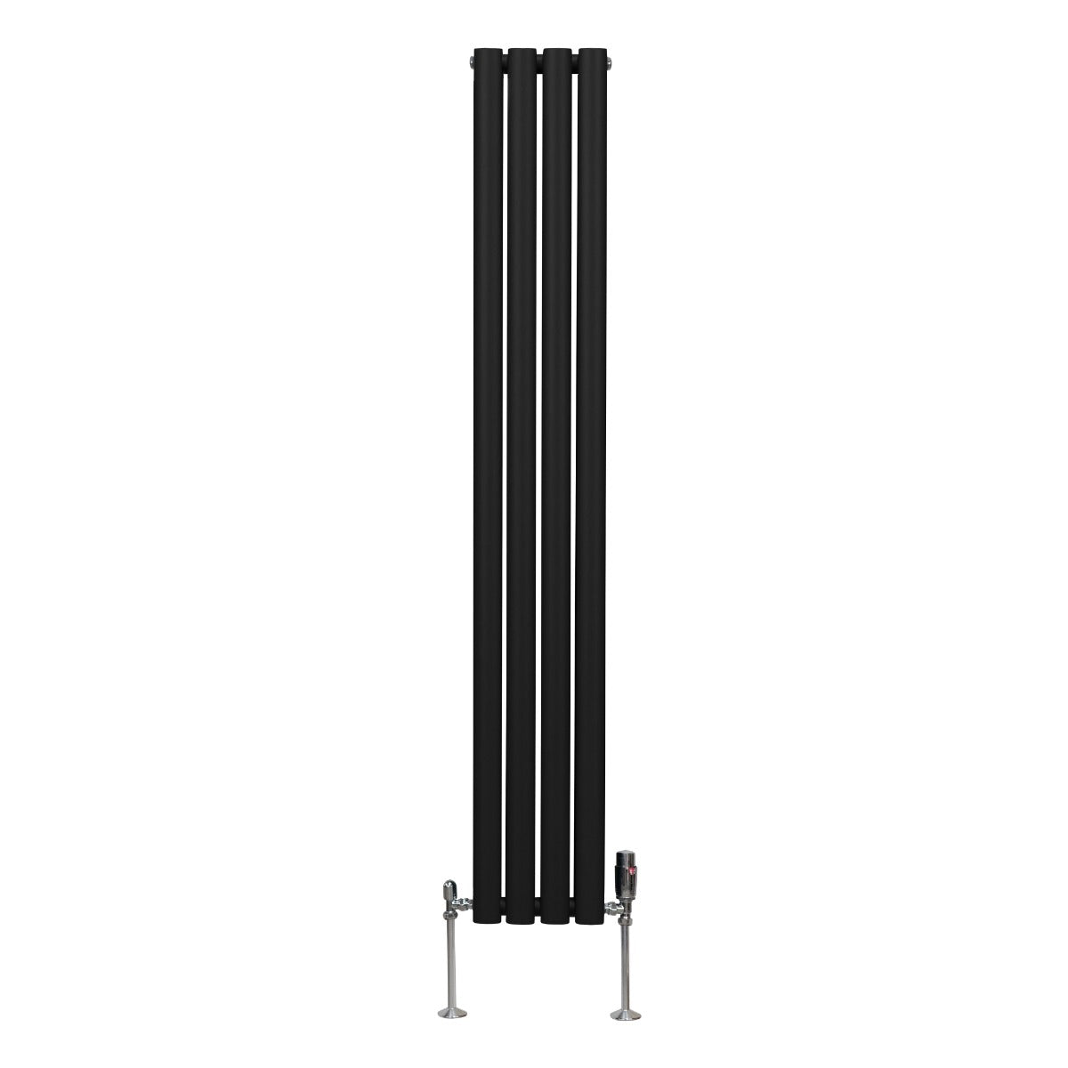 Schwarzer ovaler Röhrenheizkörper mit vier vertikalen Röhren und Chrom-Thermostatventilen, modern und elegant, ideal für zeitgemäße Innenräume