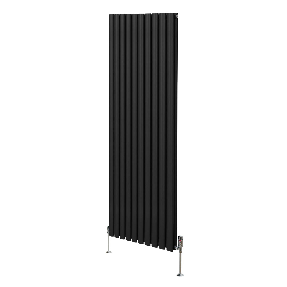 Schwarzer ovaler Röhrenheizkörper mit Chrom-Thermostatventilen, 1800mm x 600mm, vertikale Lamellenstruktur und moderne, elegante Form