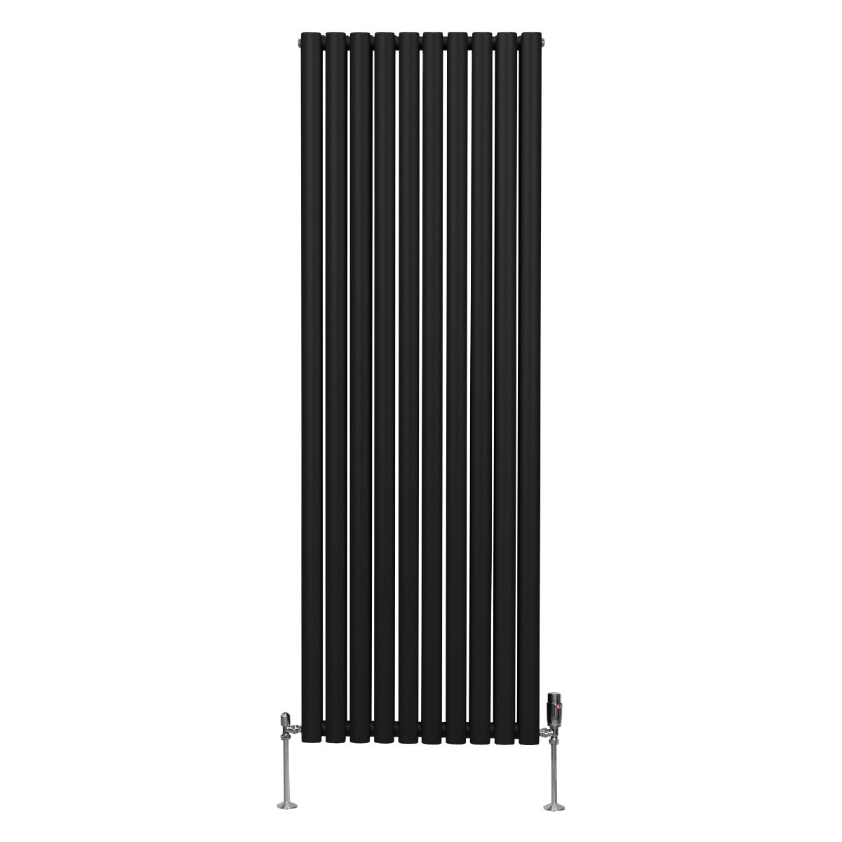 Schwarzer ovaler Röhrenheizkörper mit Chrom-Thermostatventilen, 1800mm x 600mm, vertikale Stäbe, modernes Design, glatte Oberfläche