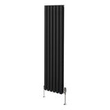 Schwarzer ovaler Röhrenheizkörper mit vertikalen Lamellen und Chrom-Thermostatventilen, 1600mm x 360mm, modernes Design für stilvolle Heizlösungen