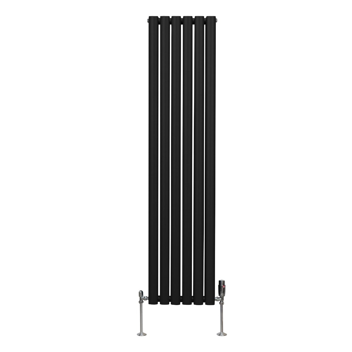Schwarzer ovaler Röhrenheizkörper mit fünf vertikalen Röhren und Chrom-Thermostatventilen, 1600mm x 360mm, modern und elegant gestaltet