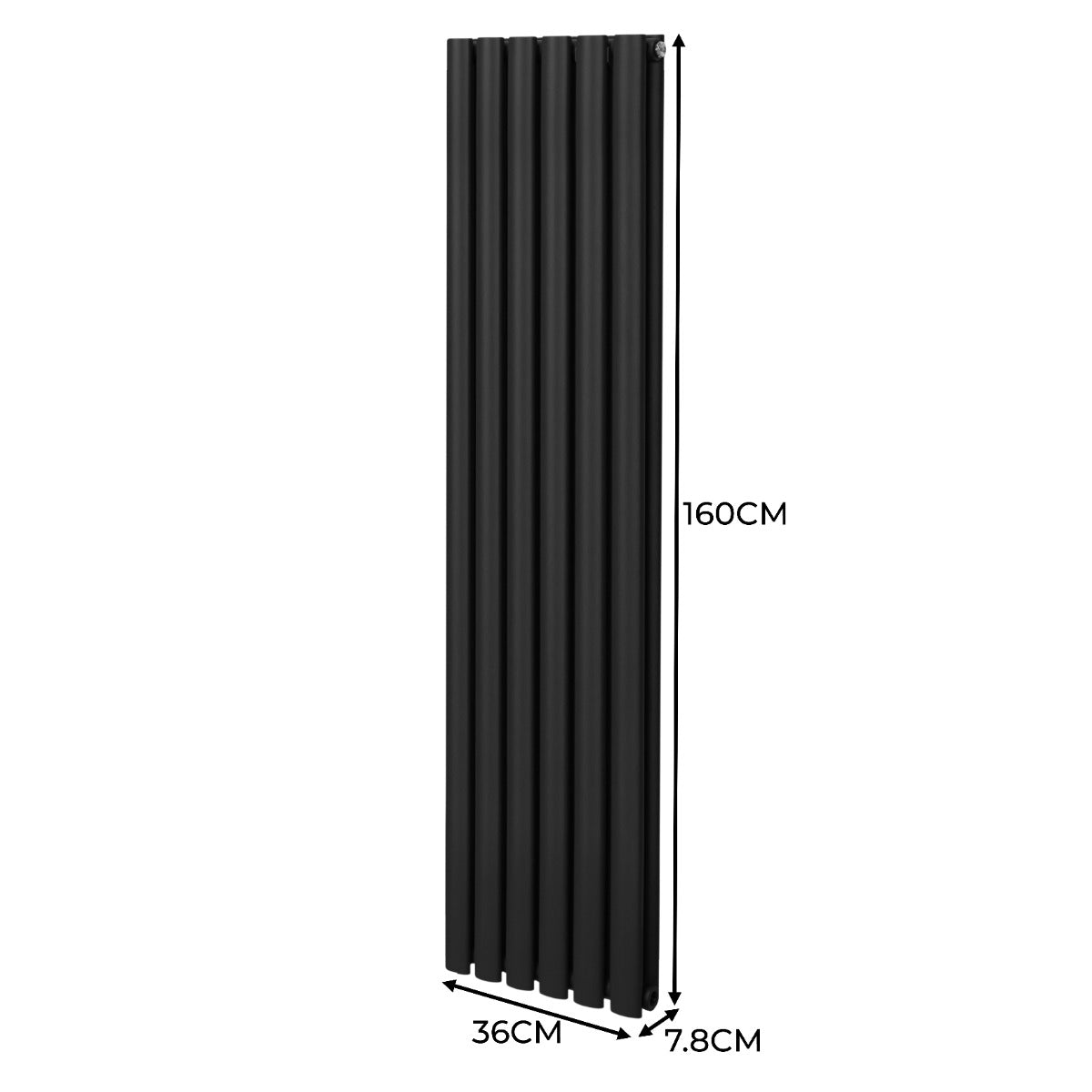 Schwarzer ovaler Röhrenheizkörper mit Chrom-Thermostatventilen, 1600mm hoch, 360mm breit, schlankes Design mit glatter Oberfläche und vertikalen Röhren