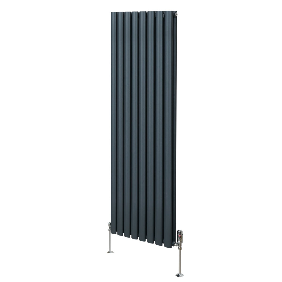 Ovaler Röhrenheizkörper in Anthrazitgrau, 1600mm x 480mm, mit glatten, vertikalen Lamellen und Chrom-Thermostatventilen, modernes Design für jeden Raum