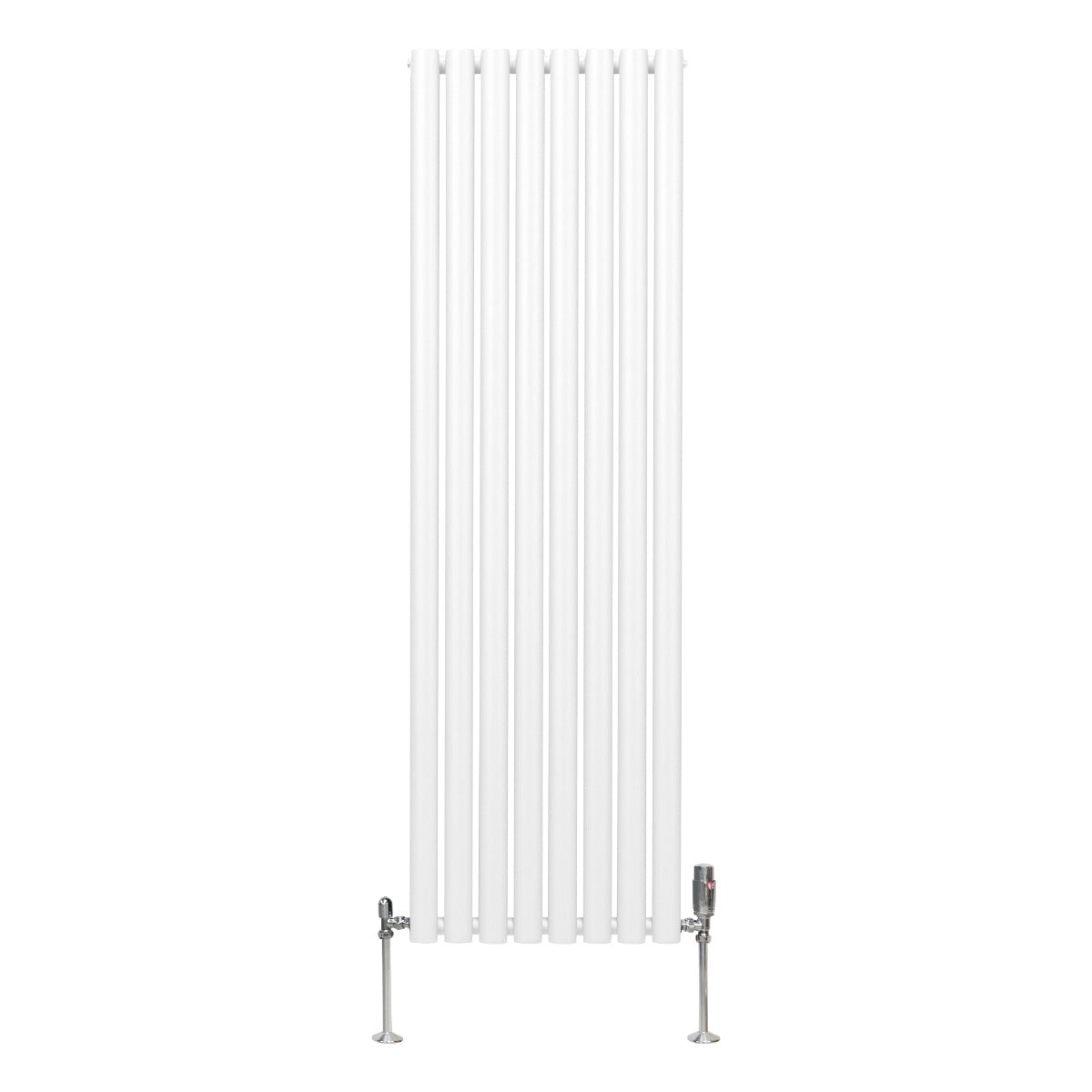 Ovaler Röhrenheizkörper in Weiß mit Chrom-Thermostatventilen, schlankes Design, vertikale Anordnung, ideal für moderne Innenräume